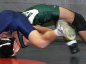 Two high school students wrestling (collegiate, scholastic, or folkstyle) in the United States.
