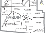 Map of Hardin County, Ohio, United States with township and municipal boundaries
