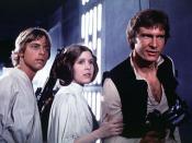 The three lead protagonists of Star Wars, from left to right: Luke Skywalker (Mark Hamill), Princess Leia (Carrie Fisher), and Han Solo (Harrison Ford).
