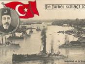 English: The Ottoman Navy at the Golden Horn in Istanbul, with the image of Sultan Mehmed V at top left. German postcard from the beginning of World War I.