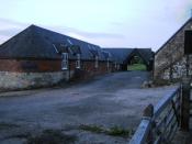 English: Business park, Berwick Farm. Light is fading over restored farm buildings at Berwick Farm which are used by a wide variety of businesses: book retailing, brewing, fencing manufacture, gift retailing, marketing consultancy, printing, security serv