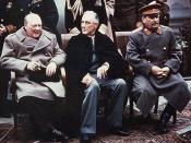 English: Yalta summit in 1945 with Winston Churchill, Franklin Roosevelt and Joseph Stalin Yalta Conference, February 1945 Allied leaders pose in the courtyard of Livadia Palace, Yalta, during the conference. Those seated are (from left to right): Prime M