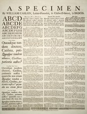 A specimen sheet of typefaces and languages, by William Caslon I, letter founder; from the 1728 Cyclopaedia. Deutsch: Schriftmusterblatt der Schriftgiesserei von William Caslon