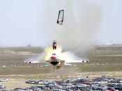 A U.S. Air Force Thunderbirds pilot ejects from his F-16 at an air show in September 2003