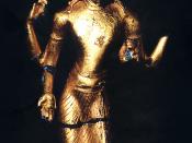 English: The graceful gold coated bronze statue of four handed Avalokiteçvara in Malayu-Srivijayan style, discovered at Rataukapastuo, Muarabulian, Jambi, Indonesia. The golden statue probably taken from elsewhere and not originated from Rataukapastuo, si