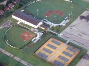 Aerial photo of baseball field, softball field, indoor facility, and tennis courts