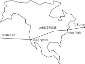 English: Map showing an example of a landbridge application in intermodal freight transportation sector.