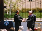 Ronald Reagan awards former Soviet Leader Mikhail Gorbachev with the first Ronald Reagan Freedom Award at the Reagan Library, 1992