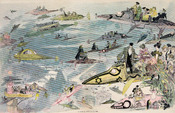 Print shows a futuristic view of air travel over Paris as people leave the Opera. Many types of aircraft are depicted including buses and limousenes, police patrol the skies, and women are seen driving their own aircraft. 1 print : lithograph, hand-colore