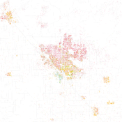 Fisher was astounded by Bill Rankin's map of Chicago's racial and ethnic divides and wanted to see what other cities looked like mapped the same way. To match his map, Red is White, Blue is Black, Green is Asian, Orange is Hispanic, Gray is Other, and eac