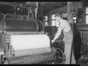 Pickers tonder - first process after cotton came in mill - very little skill required - showing man and machine in action, January 1937