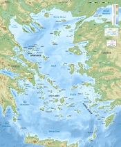 English: Bathymetric map in French of the Aegean Sea, Mediterranean Sea. Français : Carte bathymétrique en français de la Mer Égée, Mer Méditerranée. UTM projection; WGS84 datum ; shaded relief Scales: *Topography: 1:608,000 (precision 152 m) *Bathymetry: