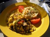 English: The Jamaican national dish of ackee and saltfish. Side dish-fabulous cole slaw! Ackee is a fruit, but tastes like scrambled eggs.