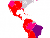 Farthest extent of Spanish colonization in America. Red: Farthest extent of Spanish colonies under the House of Bourbon in the 1790s. Pink: Disputed claims of Spanish colonial administration. Purple: Portuguese colonies under dual Spanish colonial adminis