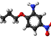 Ball-and-stick model of the 5-nitro-2-propoxyaniline molecule, one of the strongest sweet-tasting substances known, once used as an artificial sweetener. Colour code (click to show) : Black: Carbon, C : White: Hydrogen, H : Red: Oxygen, O : Blue: Nitrogen