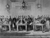 English: Signing of the Treaty of Tianjin.The attenders from the left are Hwa-Sha-Na ( 花沙納 ), The Earl of Elgin, Kwei-Leang ( 桂良 ) 中文: 《天津條約簽訂圖》，與會者從左開始是花沙納、伊近利、桂良。 ‪中文(简体)â¬: 《天津条约签约图》，与会者从左开始是花沙纳、伊近利、桂良。
