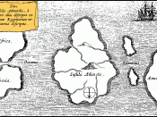 English: Athanasius Kircher's Map of Atlantis (c.1669). Note that north is at bottom. Latina: Situs Insulae Atlantidis, a Mari olim absorpte ex mente Egyptiorum et Platonis descriptio.