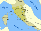 English: A map showing the extent of Etruria and the Etruscan civilization. The map includes the 12 cities of the Etruscan League and notable cities founded by the Etruscans. The dates on the map are an approximation based on the sources I had. If the art