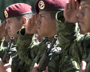 Mexican army members salute during a ceremony honoring the 201st Fighter Squadron at Chapultepec Park in Mexico City, Mexico.