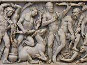 Front panel from a sarcophagus with the Labours of Heracles: from left to right, the Nemean Lion, the Lernaean Hydra, the Erymanthian Boar, the Ceryneian Hind, the Stymphalian birds, the Girdle of Hippolyte, the Augean stables, the Cretan Bull and the Mar