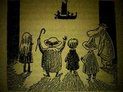 One of Jansson's illustrations from the book, depicting (from left to right), Mymble, Grandpa-Grumble, Toft, Snufkin and the Hemulen watching the Fillyjonk's shadow puppet show.