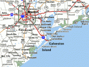 Map of Houston-Galveston area of Texas in the United States, showing: coastal towns: Freeport, Jamaica Beach, Galveston, Texas City, Baytown, Port Bolivar, Crystal Beach, Gilchrist, High Island and Sabine Pass. wildlife areas: Big Boggy N.W.R., San Bernar