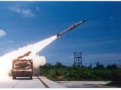 Test firing of the Akash missile. A medium-range surface-to-air missile. Operating in conjunction with the Rajendra radar, it can intercept targets up to 30 km range and 18 km altitude. Powered by a solid-fueled booster and a Ramjet engine, Akash can reac