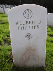 The headstone of Sgt. Reuben J. Phillips, Medal of Honor recipient, at San Francisco National Cemetery in the Presidio of San Francisco.