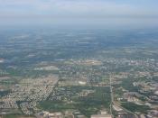 Aerial view of Miamisburg, a city in southern Montgomery County, , , looking toward downtown. The is visible on the far side of downtown. Picture taken from a Diamond Eclipse light airplane at an altitude of 4,580 feet MSL and a bearing of approximately 2