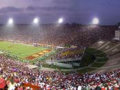 English: Third quarter of the major regular season college football game between the visiting No. 5 Ohio State Buckeyes and the No. 1 USC Trojans at the L.A. Coliseum on September 13, 2008; USC would win, 35-3.