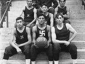 Chilocco Indian Agricultural School Basketball team on Home 1 Steps, 1909. This photograph is part of a series of glass plate negatives used by the Chilocco Indian School print shop in publishing the Indian School Journal.