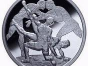 Motif on a Greek commemorative coin. A waist-hold is applied to a wrestler in preparation of throwing him down to the ground. In the background, two ancient athletes are pictured in a stance known as akrocheirismos (finger-hold) with their heads pushing a