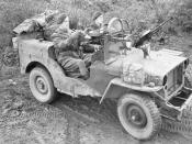 English: Operation Clipper. A jeep manned by Sergeant A Schofield and Trooper O Jeavons of 1 SAS near Geilenkirchen in Germany. The jeep is armed with three Vickers 'K' guns, and fitted with armoured glass shields in place of a windscreen. The SAS were in