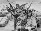 English: Title: THE SPECIAL AIR SERVICE (SAS) IN NORTH AFRICA DURING THE SECOND WORLD WAR : A close-up of a heavily armed patrol of 'L' Detachment SAS in their Jeeps, just back from a three month patrol. The crews of the jeeps are all wearing 'Arab-style'