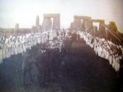 A photograph of the first Neo-druidic ritual to be held at Stonehenge, an initiation ceremony held by the Ancient Order of Druids in 1905.