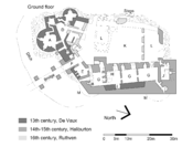 Plan of the ground floor, Dirleton Castle, East Lothian, Scotland Key: Ground floor: A Kitchen. B Well. C Postern. D Inner courtyard. E Guard rooms. F Entrance passage. G Cellars. H Ovens. I Former postern. J Prison, with pit below. K Courtyard. L Demolis