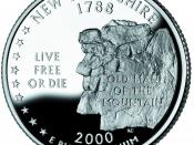 The reverse of the state quarter of New Hampshire features the Old Man of the Mountain, alongside the state motto 'Live Free or Die'.