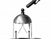 Drawing of a gold-leaf electroscope from the 1800s, illustrating induced charge. A hand holds a charged rod near the electroscope terminal, inducing polarization in the terminal, making the gold leaves spread apart. The two grounded metal electrodes oppos