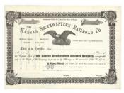 English: The Kansas Southwestern Railroad Co. THE KANSAS SOUTHWESTERN RAILROAD CO. 18--, Kansas. Unissued stock certificate. Black / White. Vignette of an eagle grasping a shield, arrows a crown of laurels at top center. Ornate border.