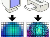 A 10 × 10-pixel image on a computer display usually requires many more than 10 × 10 printer dots to accurately reproduce, due to limitations of available ink colours in the printer. The whole blue pixels making up the sphere are reproduced by the printer 