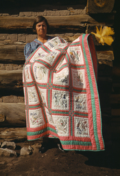Mrs. Bill Stagg with state quilt, Pie Town, New Mexico