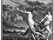 This engraving is from Voltaire's Candide: it depicts the scene where Candide and Cacambo see two monkeys apparently attacking two nude women. Candide kills the monkeys, then comes to believe the monkeys and women were actually lovers. The image may have 