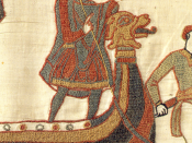 Harold Godwinson, last Anglo-Saxon king of England, as depicted in the Bayeux Tapestry. He is shown wearing a tunic, cloak, and hose.