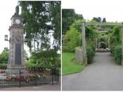 English: Central Park, Syston, near Leicester. On the left, the War Memorial; on the right, the Peace Garden, a sensory garden opened in April 1998 with different textured and perfumed plants and a bubble fountain set in a large mossy rock to excite the s