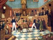English: Painting of the Trial of Bill Burns, the first prosecution under the 1822 Martin's Act for cruelty to animals, after he was found beating his donkey. It is the first known prosecution for animal cruelty in the world. The prosecution was brought b