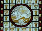 Reynard the Fox with geese, stained glass by Clement James Heaton (1824-82)