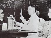 English: Senator Manuel Roxas was inaugurated as the 5th President of the Philippines on July 4, 1946 at the Independence Grandstand (now Quirino Grandstand), Manila. The oath of office was admistered by Chief Justice Manuel Moran.