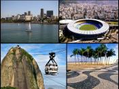 Photo montage of the city of Rio de Janeiro, Brazil. From the top, left to right: Christ the Redeemer, Rio–Niterói bridge, Downtown from the Guanabara Bay, Maracanã Stadium, Sugarloaf cable car, the pavement of Copacabana Beach, and panorama of the city t