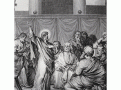 English: Jesus disputes with the Pharisees. French School. In the Bowyer Bible in Bolton Museum, England. Print 3861. From “An Illustrated Commentary on the Gospel of Mark” by Phillip Medhurst. Section Q. disputes with the establishment. Mark 10:2-12, 11: