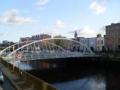 English: James Joyce Bridge 2003 bridge named after the famous author James Joyce, whose short story The Dead was set in the house facing the bridge from the south(the red brick house to the far right of the image).